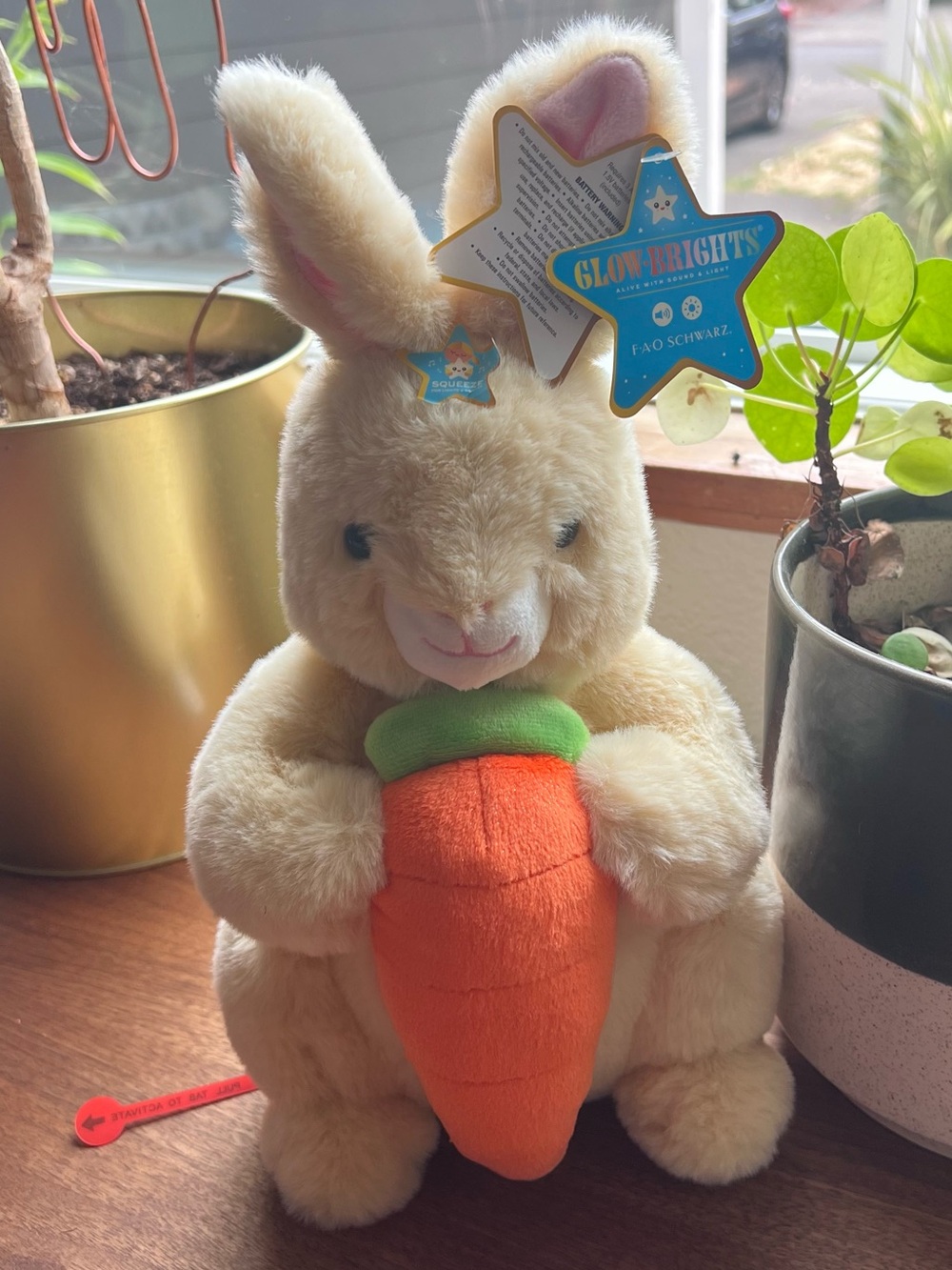 FAO Schwarz Bunny Rabbit Glow Brights Toy 12” Plush LED Light Up Carrot + Sound